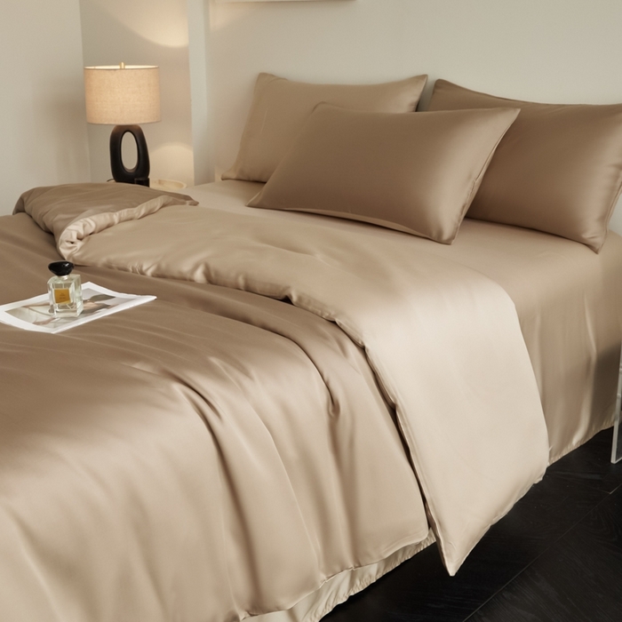 91家纺网 家纺一手货源 找家纺 ONE TWO ONE 121 2025【新款60支进口兰精天丝口袋枕款四件套】双拼四件套床上床品四件套被套床单床笠 可可棕