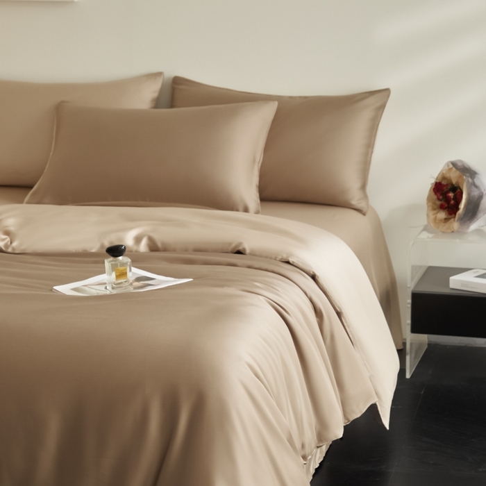 91家纺网 家纺一手货源 找家纺 ONE TWO ONE 121 2025【新款60支进口兰精天丝口袋枕款四件套】双拼四件套床上床品四件套被套床单床笠 可可棕