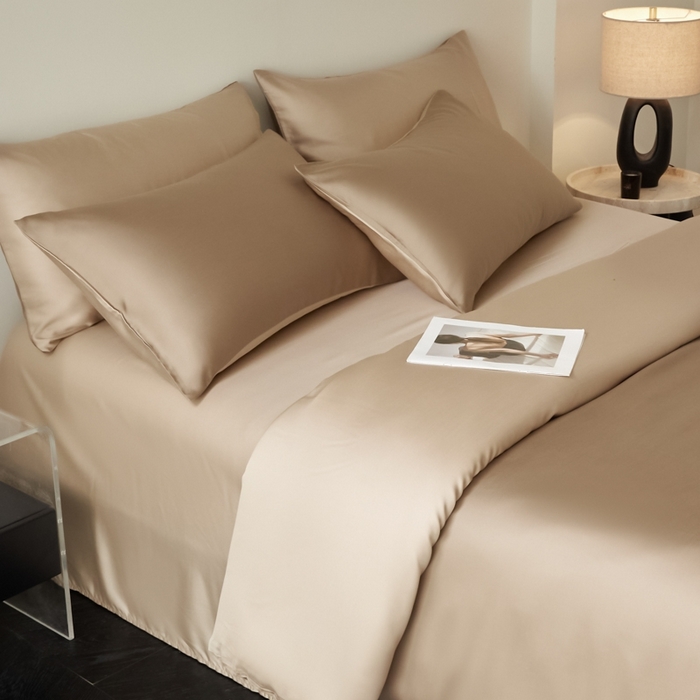 91家纺网 家纺一手货源 找家纺 ONE TWO ONE 121 2025【新款60支进口兰精天丝口袋枕款四件套】双拼四件套床上床品四件套被套床单床笠 可可棕