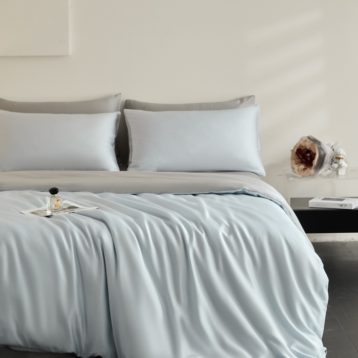 91家纺网 家纺一手货源 找家纺 ONE TWO ONE 121 2025【新款60支进口兰精天丝口袋枕款四件套】双拼四件套床上床品四件套被套床单床笠 清水蓝