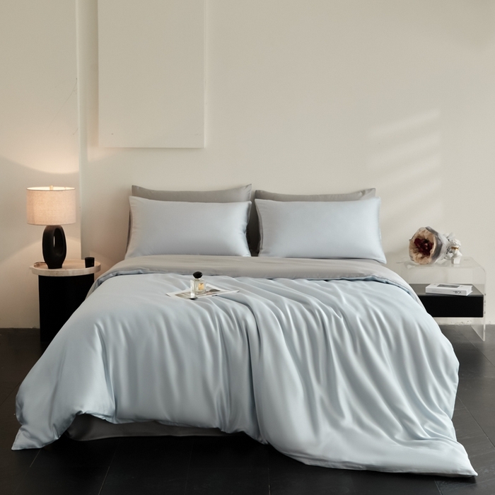 91家纺网 家纺一手货源 找家纺 ONE TWO ONE 121 2025【新款60支进口兰精天丝口袋枕款四件套】双拼四件套床上床品四件套被套床单床笠 清水蓝