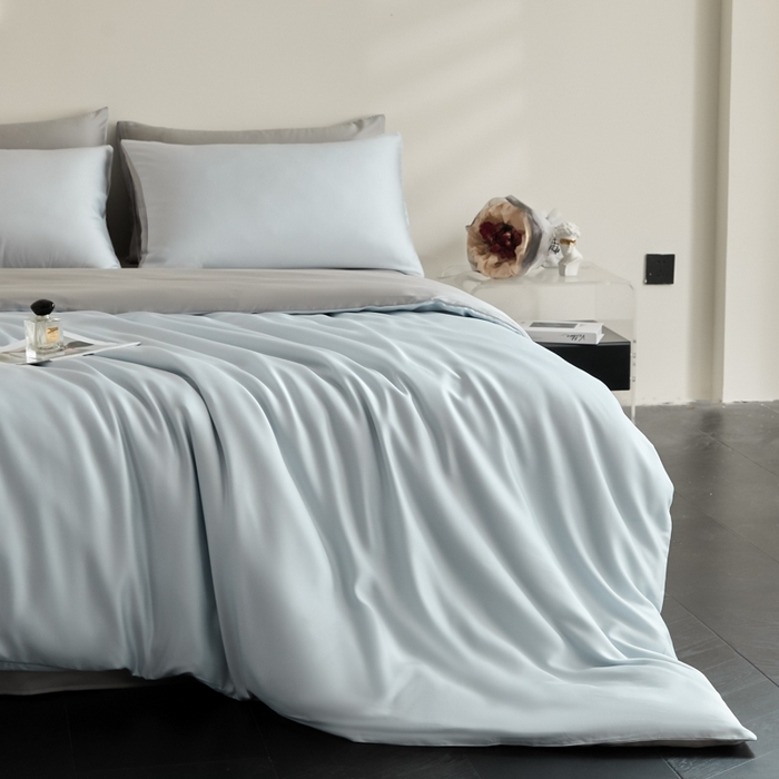 91家纺网 家纺一手货源 找家纺 ONE TWO ONE 121 2025【新款60支进口兰精天丝口袋枕款四件套】双拼四件套床上床品四件套被套床单床笠 清水蓝