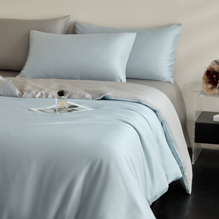 91家纺网 家纺一手货源 找家纺 ONE TWO ONE 121 2025【新款60支进口兰精天丝口袋枕款四件套】双拼四件套床上床品四件套被套床单床笠 清水蓝