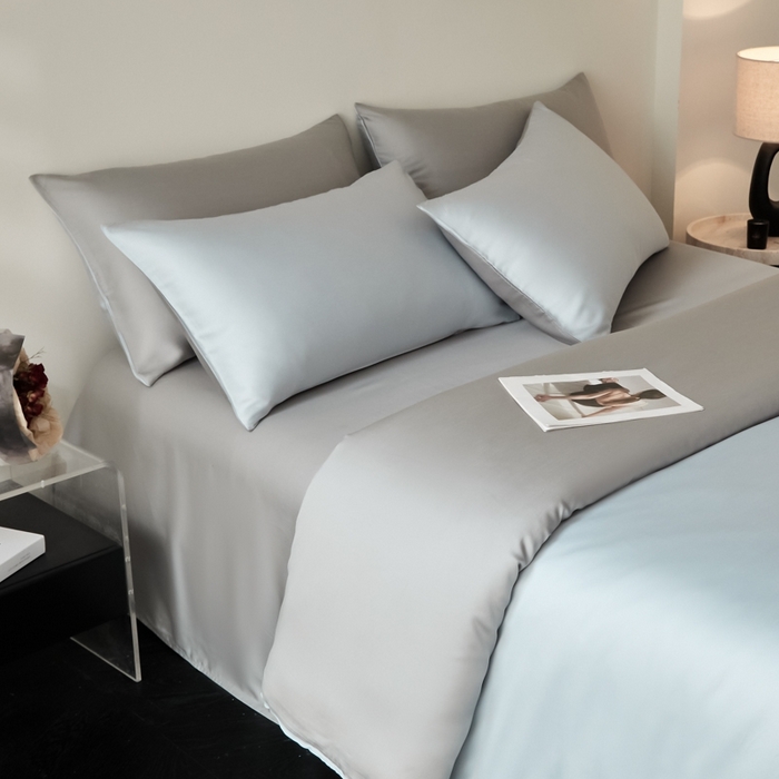 91家纺网 家纺一手货源 找家纺 ONE TWO ONE 121 2025【新款60支进口兰精天丝口袋枕款四件套】双拼四件套床上床品四件套被套床单床笠 清水蓝