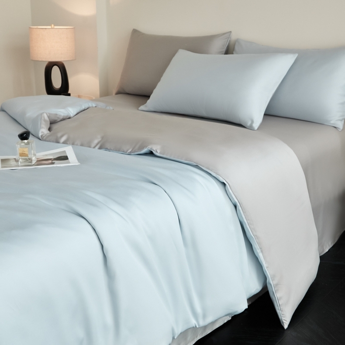 91家纺网 家纺一手货源 找家纺 ONE TWO ONE 121 2025【新款60支进口兰精天丝口袋枕款四件套】双拼四件套床上床品四件套被套床单床笠 清水蓝