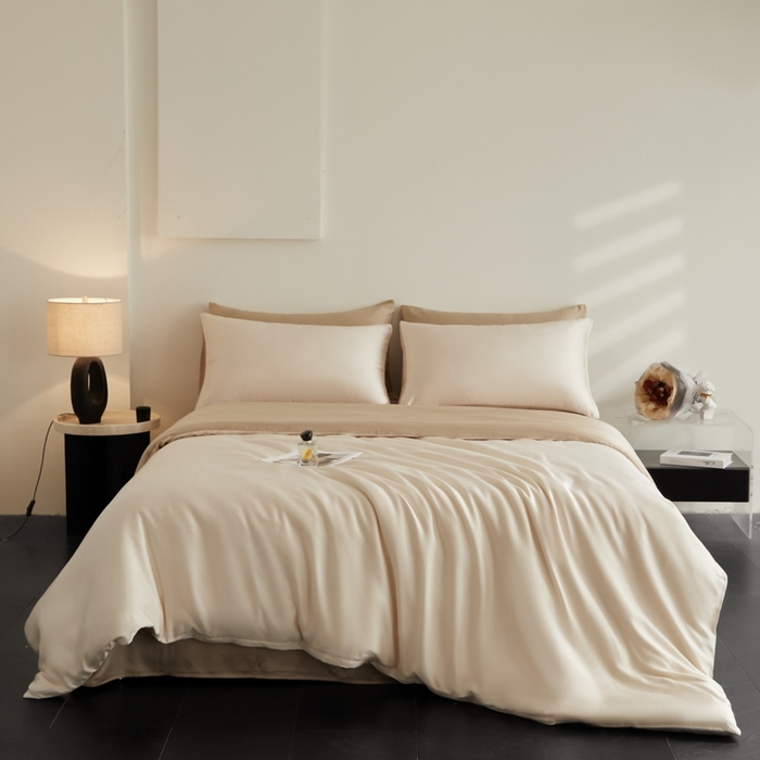 91家纺网 家纺一手货源 找家纺 ONE TWO ONE 121 2025【新款60支进口兰精天丝口袋枕款四件套】双拼四件套床上床品四件套被套床单床笠 松露白