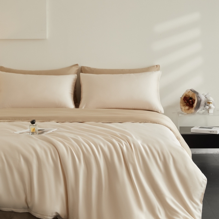 91家纺网 家纺一手货源 找家纺 ONE TWO ONE 121 2025【新款60支进口兰精天丝口袋枕款四件套】双拼四件套床上床品四件套被套床单床笠 松露白