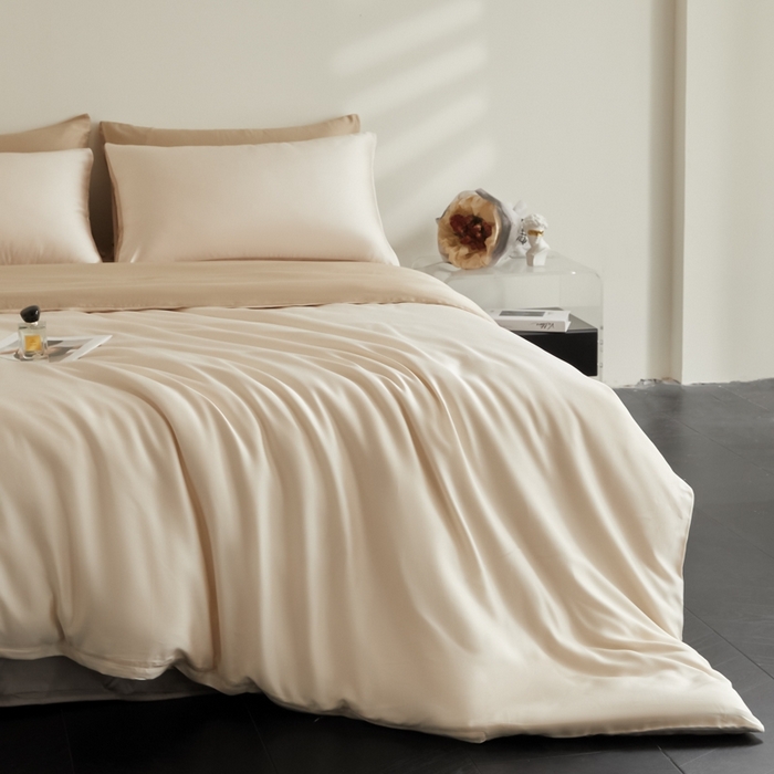 91家纺网 家纺一手货源 找家纺 ONE TWO ONE 121 2025【新款60支进口兰精天丝口袋枕款四件套】双拼四件套床上床品四件套被套床单床笠 松露白