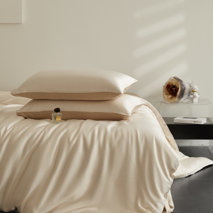 91家纺网 家纺一手货源 找家纺 ONE TWO ONE 121 2025【新款60支进口兰精天丝口袋枕款四件套】双拼四件套床上床品四件套被套床单床笠 松露白