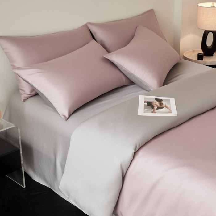 91家纺网 家纺一手货源 找家纺 ONE TWO ONE 121 2025【新款60支进口兰精天丝口袋枕款四件套】双拼四件套床上床品四件套被套床单床笠 温柔紫