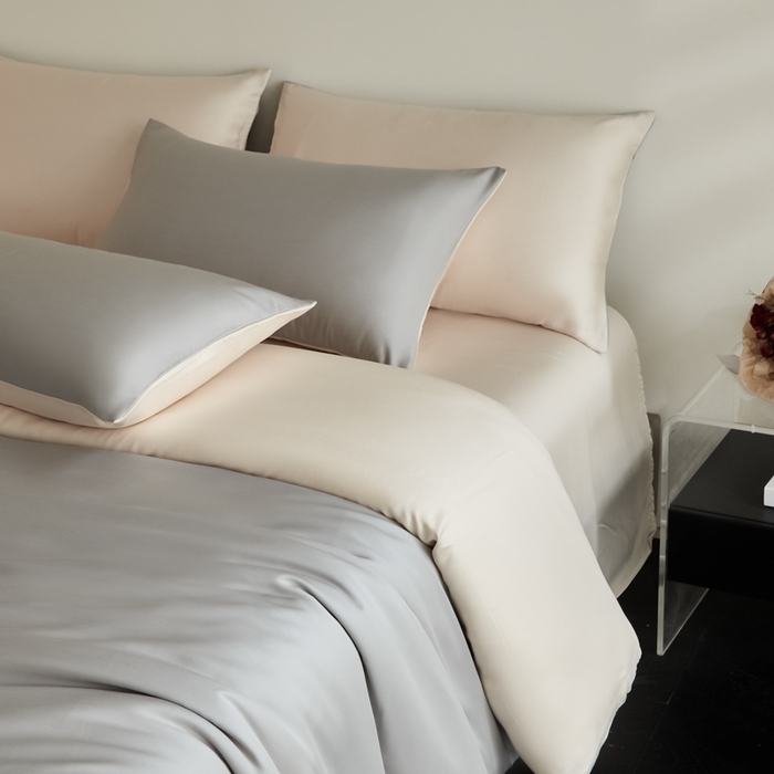 91家纺网 家纺一手货源 找家纺 ONE TWO ONE 121 2025【新款60支进口兰精天丝口袋枕款四件套】双拼四件套床上床品四件套被套床单床笠 慵懒灰