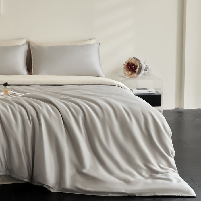 91家纺网 家纺一手货源 找家纺 ONE TWO ONE 121 2025【新款60支进口兰精天丝口袋枕款四件套】双拼四件套床上床品四件套被套床单床笠 慵懒灰