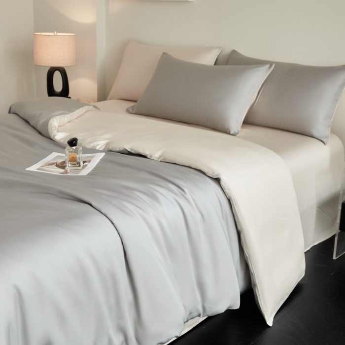 91家纺网 家纺一手货源 找家纺 ONE TWO ONE 121 2025【新款60支进口兰精天丝口袋枕款四件套】双拼四件套床上床品四件套被套床单床笠 慵懒灰