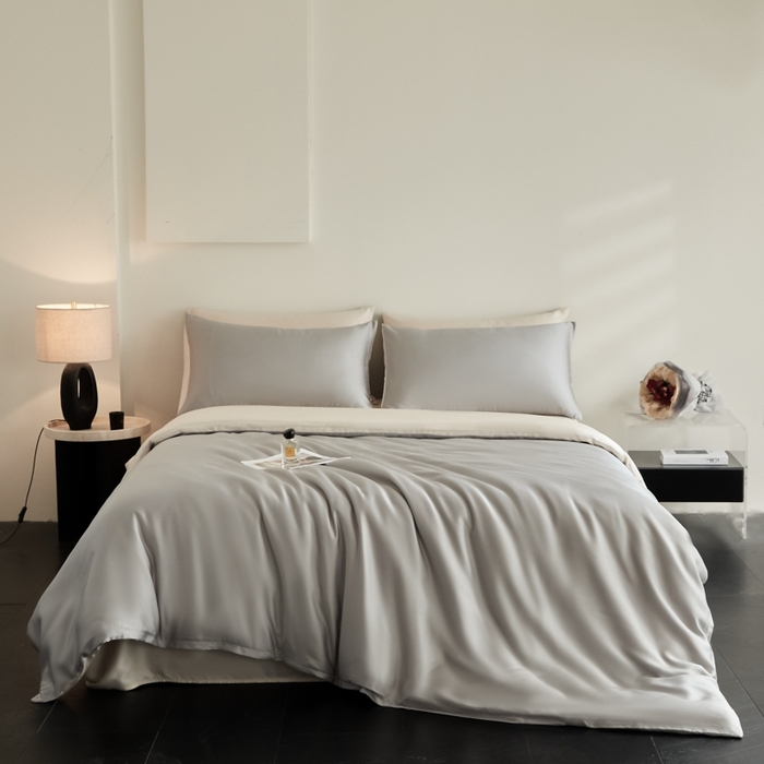 91家纺网 家纺一手货源 找家纺 ONE TWO ONE 121 2025【新款60支进口兰精天丝口袋枕款四件套】双拼四件套床上床品四件套被套床单床笠 慵懒灰