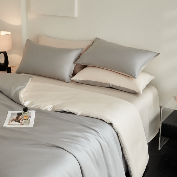 91家纺网 家纺一手货源 找家纺 ONE TWO ONE 121 2025【新款60支进口兰精天丝口袋枕款四件套】双拼四件套床上床品四件套被套床单床笠 慵懒灰