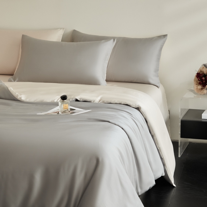 91家纺网 家纺一手货源 找家纺 ONE TWO ONE 121 2025【新款60支进口兰精天丝口袋枕款四件套】双拼四件套床上床品四件套被套床单床笠 慵懒灰