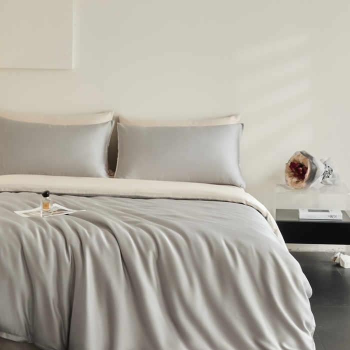 91家纺网 家纺一手货源 找家纺 ONE TWO ONE 121 2025【新款60支进口兰精天丝口袋枕款四件套】双拼四件套床上床品四件套被套床单床笠 慵懒灰