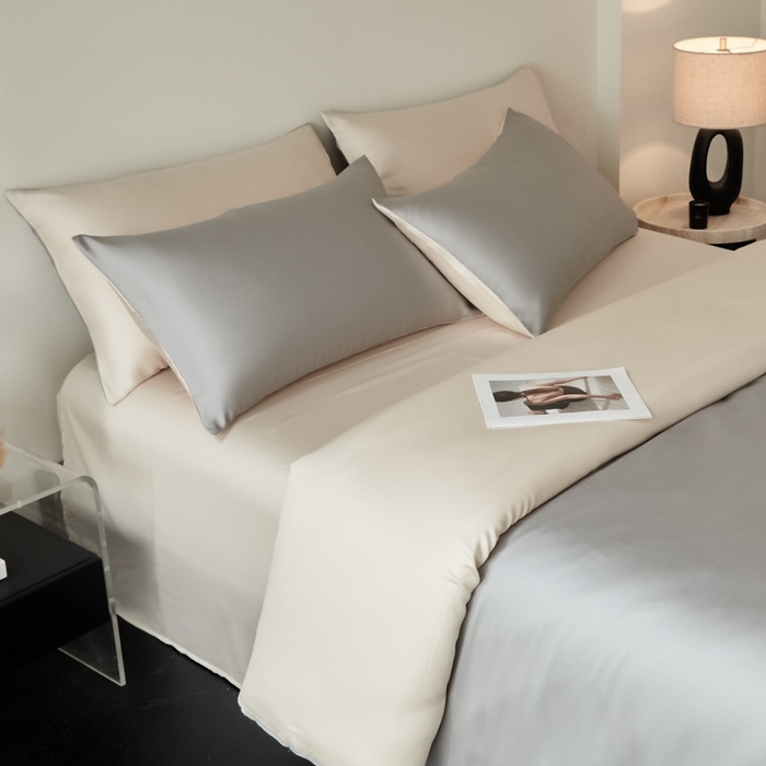 91家纺网 家纺一手货源 找家纺 ONE TWO ONE 121 2025【新款60支进口兰精天丝口袋枕款四件套】双拼四件套床上床品四件套被套床单床笠 慵懒灰