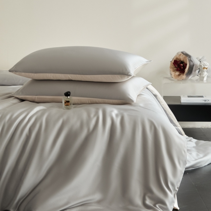 91家纺网 家纺一手货源 找家纺 ONE TWO ONE 121 2025【新款60支进口兰精天丝口袋枕款四件套】双拼四件套床上床品四件套被套床单床笠 慵懒灰