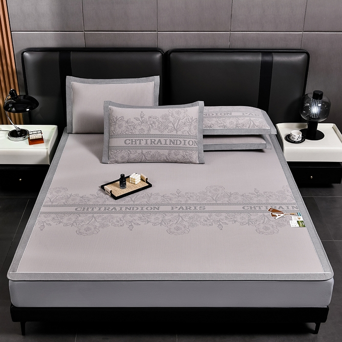 91家纺网 家纺一手货源 找家纺 小牛席业 2025新款蔷薇冷感豆豆席系列（床笠款）凉席藤席冰藤双面席冰丝席竹席凉席空调席草席三件套 米色