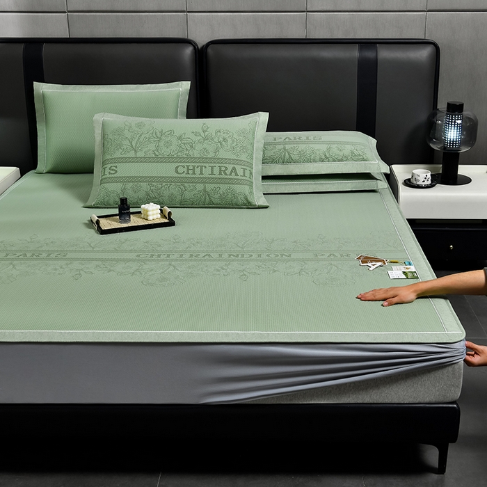 小牛席业 2025新款蔷薇冷感豆豆席系列（床笠款）凉席藤席冰藤双面席冰丝席竹席凉席空调席草席三件套 绿色