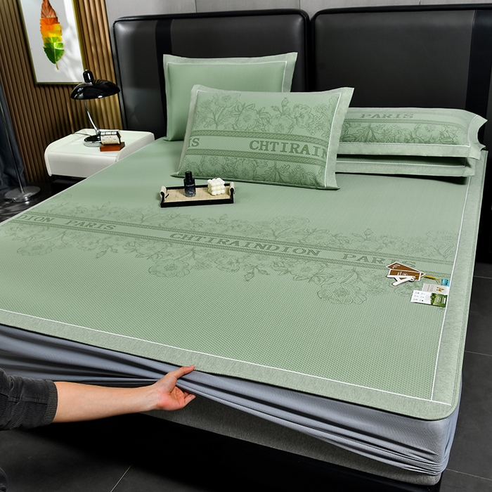 91家纺网 家纺一手货源 找家纺 小牛席业 2025新款蔷薇冷感豆豆席系列（床笠款）凉席藤席冰藤双面席冰丝席竹席凉席空调席草席三件套 绿色