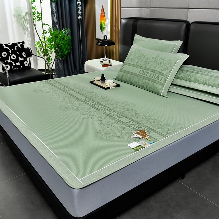 91家纺网 家纺一手货源 找家纺 小牛席业 2025新款蔷薇冷感豆豆席系列（床笠款）凉席藤席冰藤双面席冰丝席竹席凉席空调席草席三件套 绿色