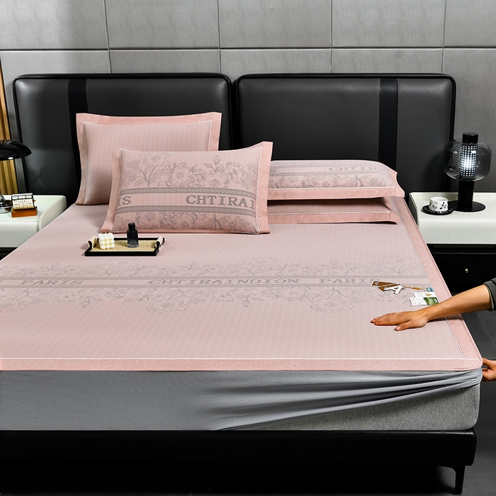 小牛席业 2025新款蔷薇冷感豆豆席系列（床笠款）凉席藤席冰藤双面席冰丝席竹席凉席空调席草席三件套 粉色