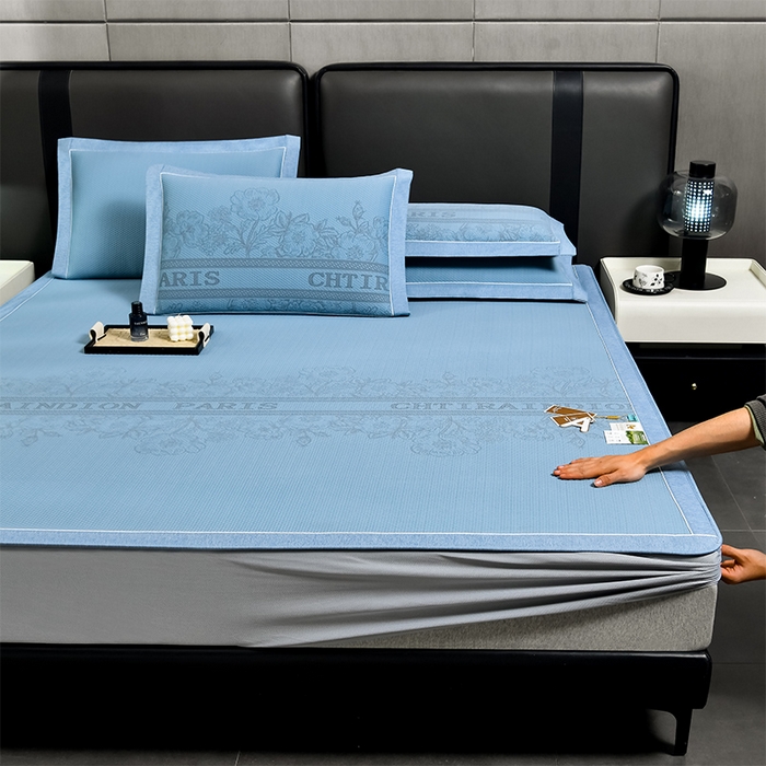 小牛席业 2025新款蔷薇冷感豆豆席系列（床笠款）凉席藤席冰藤双面席冰丝席竹席凉席空调席草席三件套 蓝色