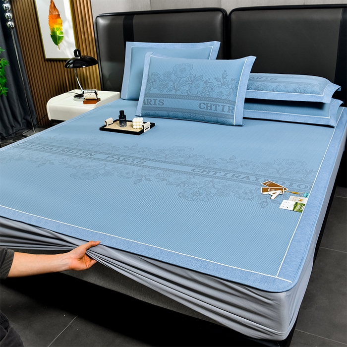 91家纺网 家纺一手货源 找家纺 小牛席业 2025新款蔷薇冷感豆豆席系列（床笠款）凉席藤席冰藤双面席冰丝席竹席凉席空调席草席三件套 蓝色