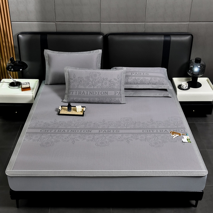 91家纺网 家纺一手货源 找家纺 小牛席业 2025新款蔷薇冷感豆豆席系列（床笠款）凉席藤席冰藤双面席冰丝席竹席凉席空调席草席三件套 灰色