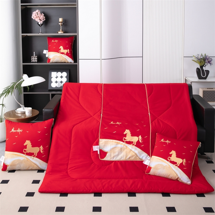 照世家纺 2025新款全棉A类马上成功抱枕被 大红