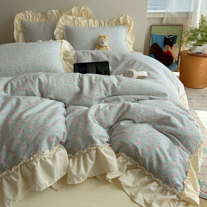 91家纺网 家纺一手货源 找家纺 盼季家纺 2025新款日韩系小碎花荷叶花边床上用品四件套 荷叶花边-米蓝朵