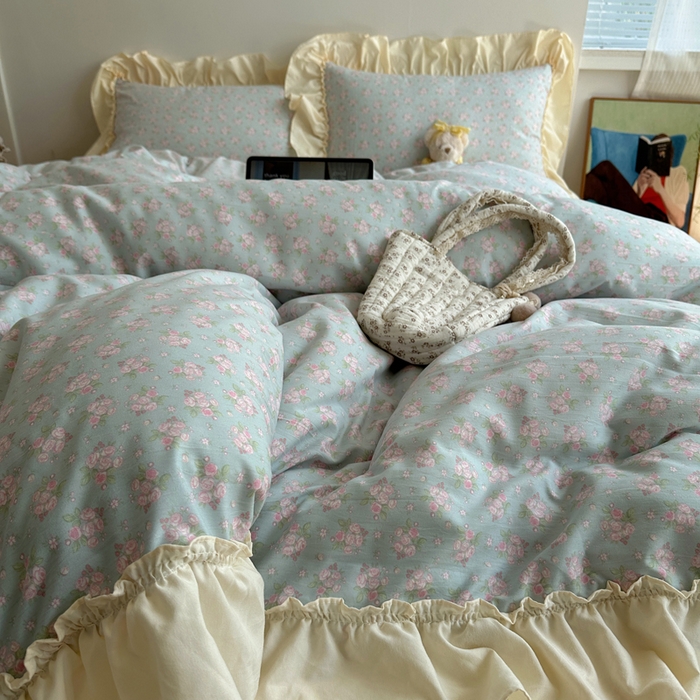 91家纺网 家纺一手货源 找家纺 盼季家纺 2025新款日韩系小碎花荷叶花边床上用品四件套 荷叶花边-米蓝朵