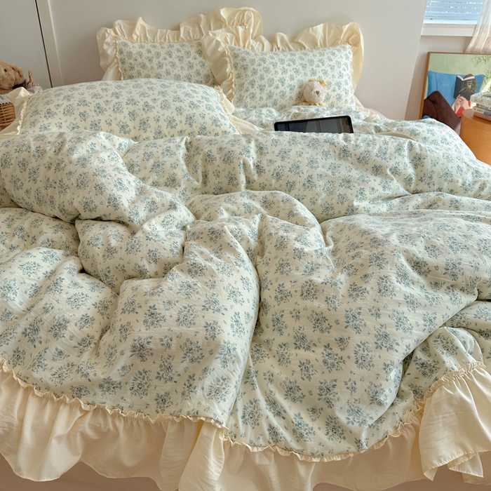 91家纺网 家纺一手货源 找家纺 盼季家纺 2025新款日韩系小碎花荷叶花边床上用品四件套 荷叶花边-陌笙