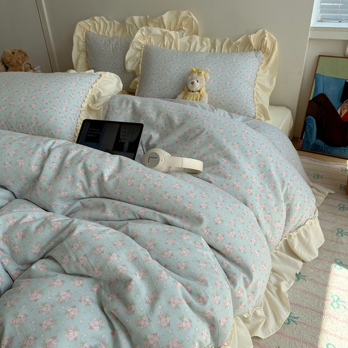 91家纺网 家纺一手货源 找家纺 盼季家纺 2025新款日韩系小碎花荷叶花边床上用品四件套 荷叶花边-米蓝朵