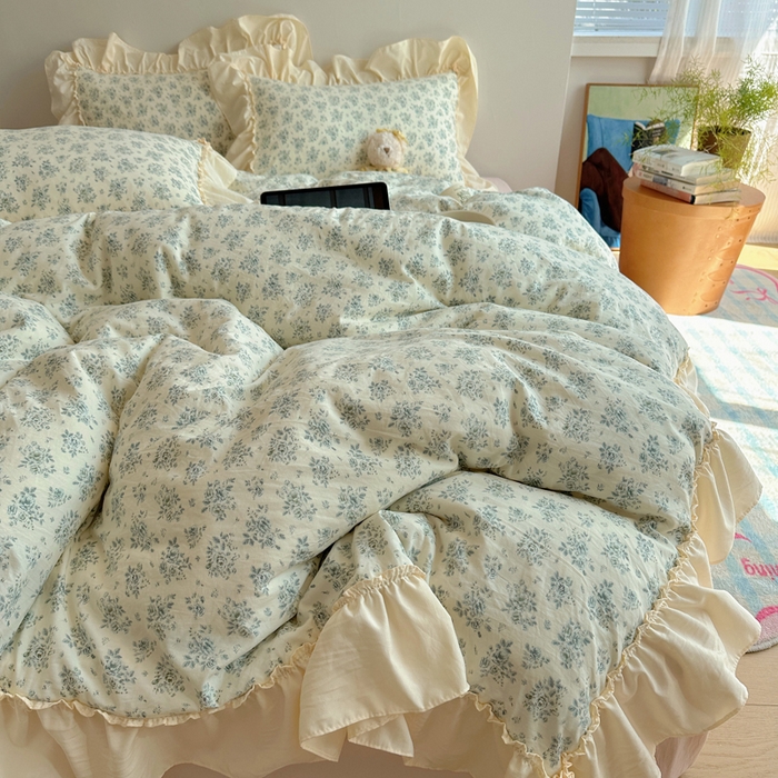 91家纺网 家纺一手货源 找家纺 盼季家纺 2025新款日韩系小碎花荷叶花边床上用品四件套 荷叶花边-陌笙