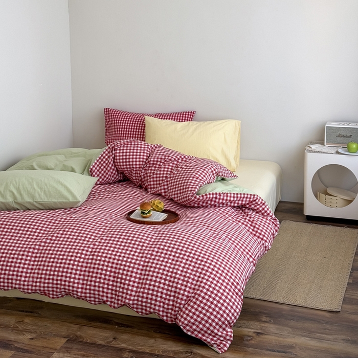 91家纺网 家纺一手货源 找家纺 （总）艾沁2025新款全棉色织水洗棉西瓜色撞色四件套