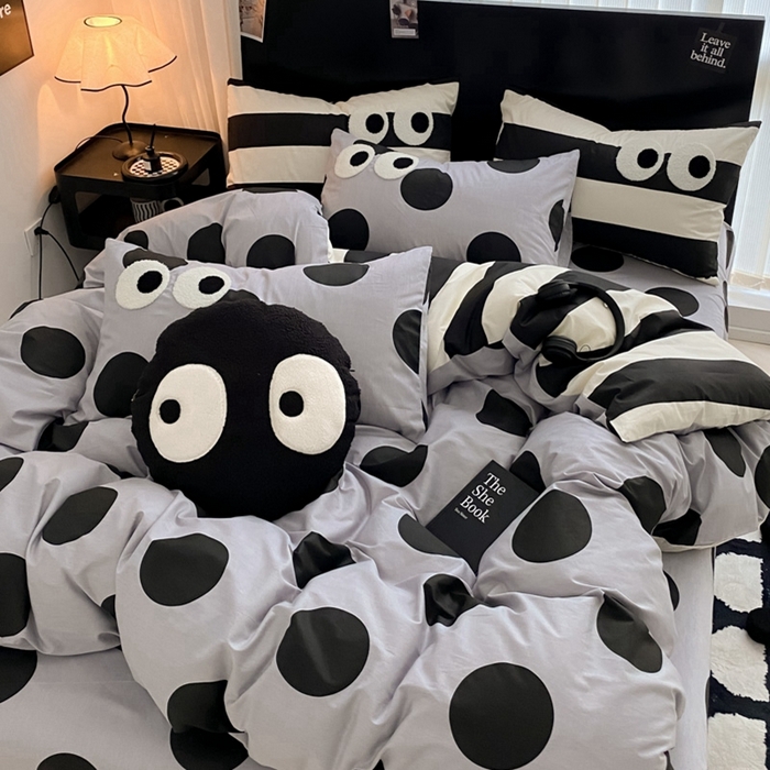 91家纺网 家纺一手货源 找家纺 吉象 2025新款大眼睛毛巾绣四件套 大眼睛-波点魅惑黑