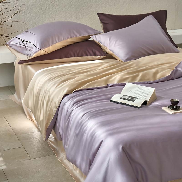 91家纺网 家纺一手货源 找家纺 咏绒家纺工厂店 2025新款60支奥地利兰精天丝纯色天丝棉四件套 紫缇（紫缇-小麦色）
