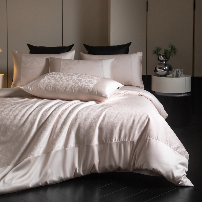 91家纺网 家纺一手货源 找家纺 安莱生活2025新款天丝棉拼接暗合工艺四件套-邂逅系列 澜汐