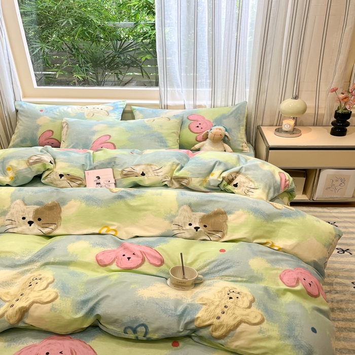 91家纺网 家纺一手货源 找家纺 吉象家纺13070全棉四件套纯棉四件套直播小清新男孩女蜡笔画