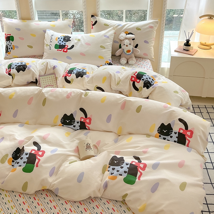 91家纺网 家纺一手货源 找家纺 吉象家纺13070全棉四件套纯棉四件套直播小清新男孩女靴子猫