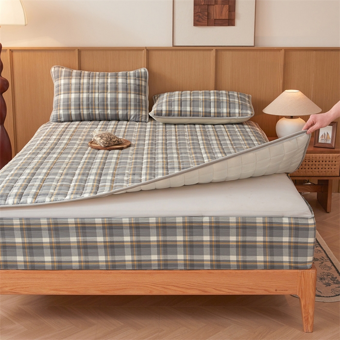 91家纺网 家纺一手货源 找家纺 伊人坊2025新款全棉色织水洗棉六面全包床笠床垫保护套无印风 单层床围-诺卡格