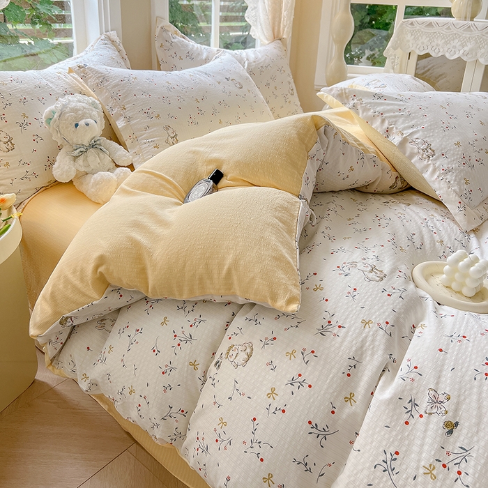 91家纺网 家纺一手货源 找家纺 壹号库 2025新款A类提花有氧彩竺绵四件套 田园小兔