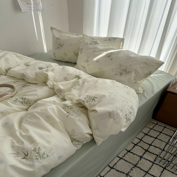 91家纺网 家纺一手货源 找家纺 尺素 2025新款全棉卡通可爱儿童四件套纯棉活性A类被套学生宿舍三件套1.8床笠双人床单 薄荷小兔