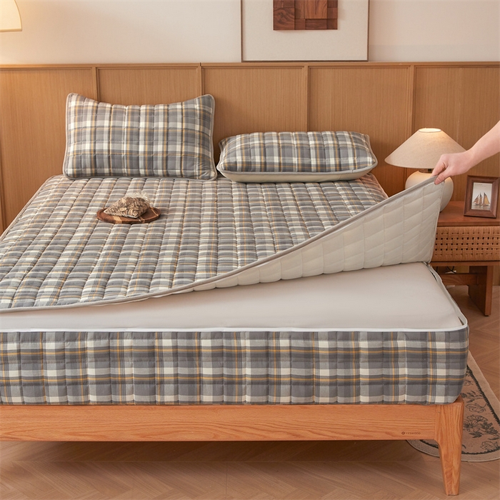 91家纺网 家纺一手货源 找家纺 伊人坊2025新款全棉色织水洗棉六面全包床笠床垫保护套无印风 夹棉床围-诺卡格