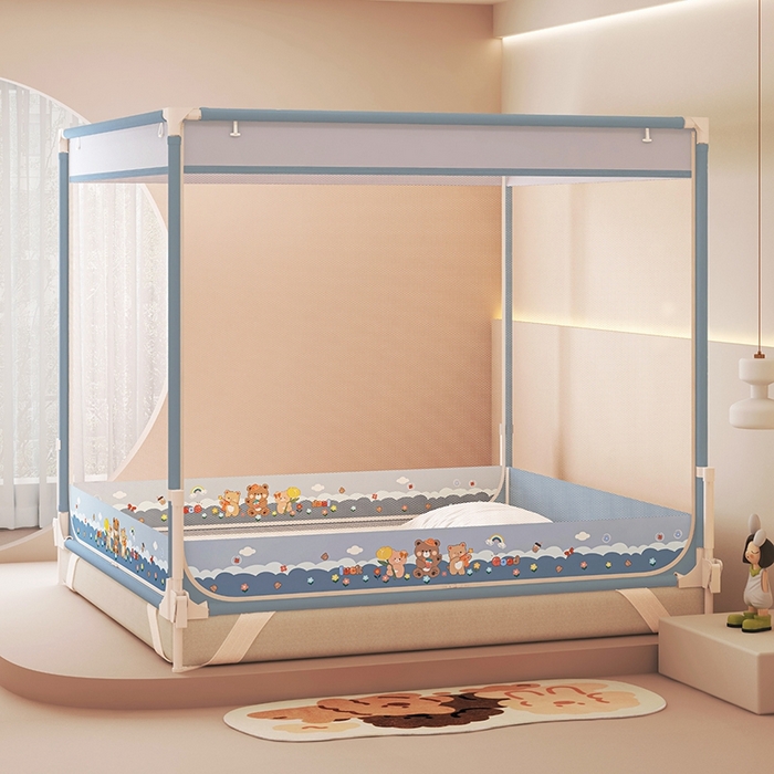 91家纺网 家纺一手货源 找家纺 迪凡保罗蚊帐 2025新款2508围栏级防摔数码印花坐床蚊帐 蓝灰