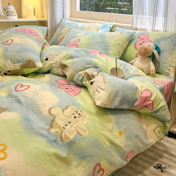 91家纺网 家纺一手货源 找家纺 吉象家纺13070全棉四件套纯棉四件套直播小清新男孩女蜡笔画