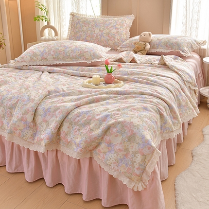 91家纺网 家纺一手货源 找家纺 （总）绘萱家居 2025新款100%全棉双层纱花边床裙款夏被四件套